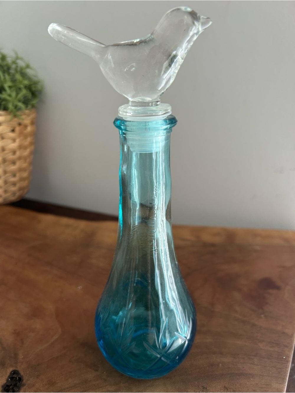 vintage blue glass mini decanter cruet clear bird-shaped stopper 8”